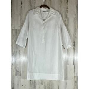 La Redoute Linen Popover Shirt Dress Size 10 White Roll Tab 3/4 Sleeve No Belt